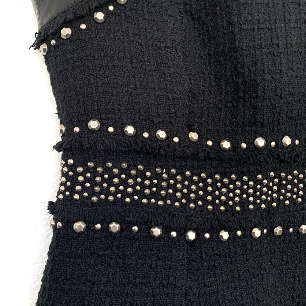 Rebecca Taylor Dress Black Tweed Studded Sleeveless Lamb Leather Fray - Picture 7 of 12